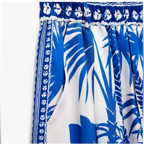 ZARA SET Blue White Tropical Palm Print Satin Button Down Shirt & Bermuda Shorts - Picture 8 of 15